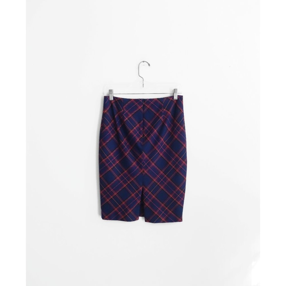 Trina Turk Blue Magenta Plaid Stretch Pencil Skirt size 0 - Picture 2 of 6